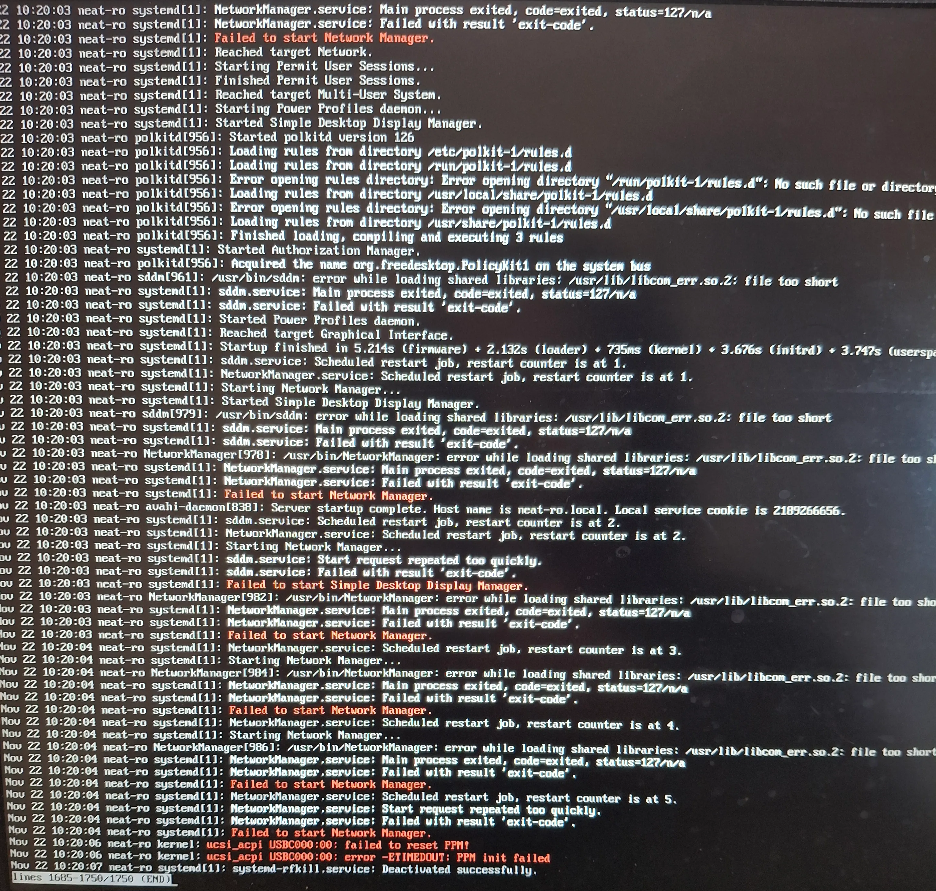 An image of a systemd journal showing 'file too short' errors for libraries