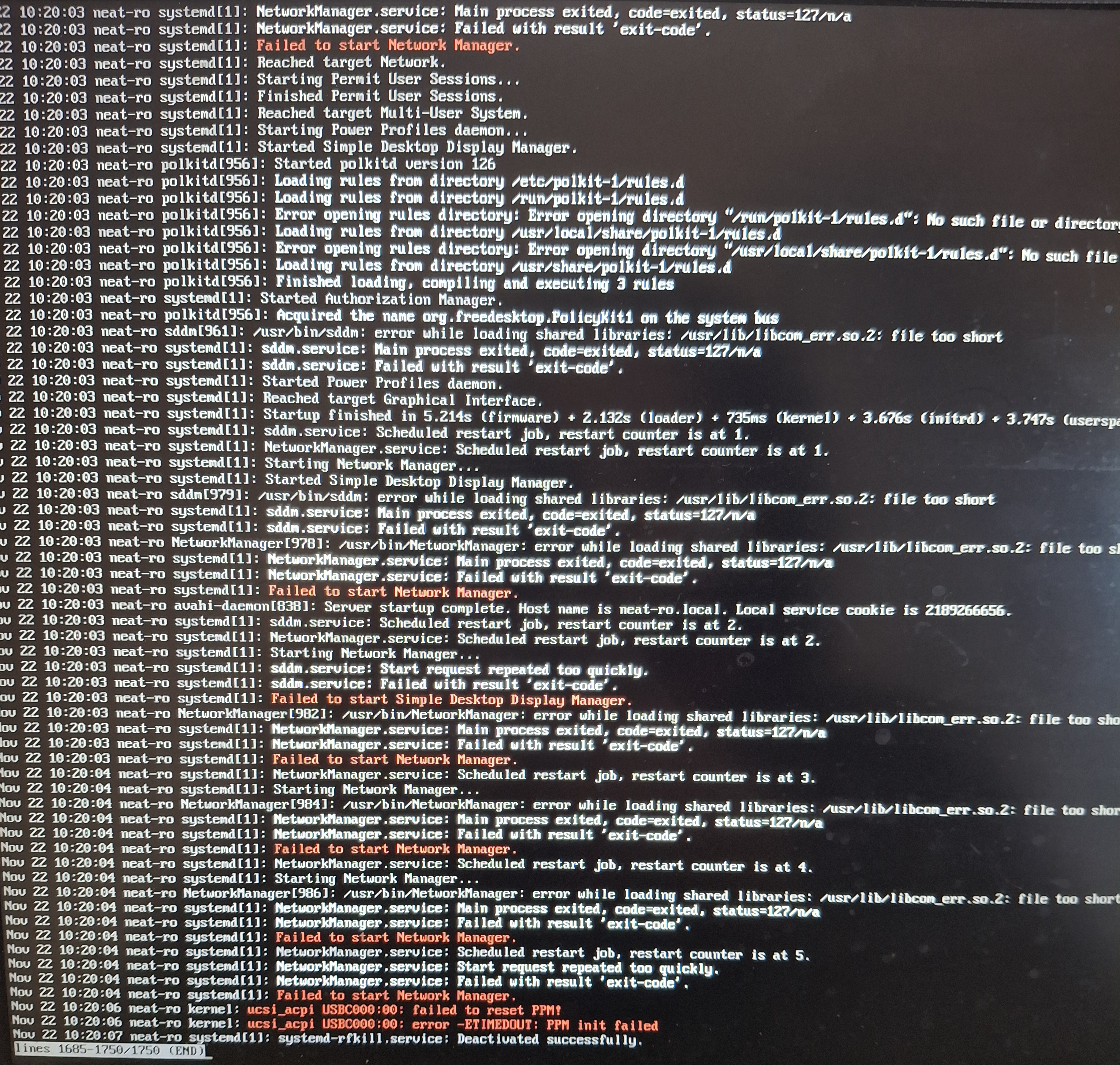 An image of a systemd journal showing 'file too short' errors for libraries